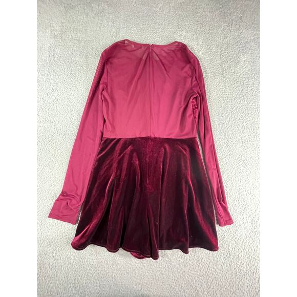 Lush Romper Womens Large Red Velvet Short Long Sleeve Mesh Deep V Fitted - Picture 6 of 8